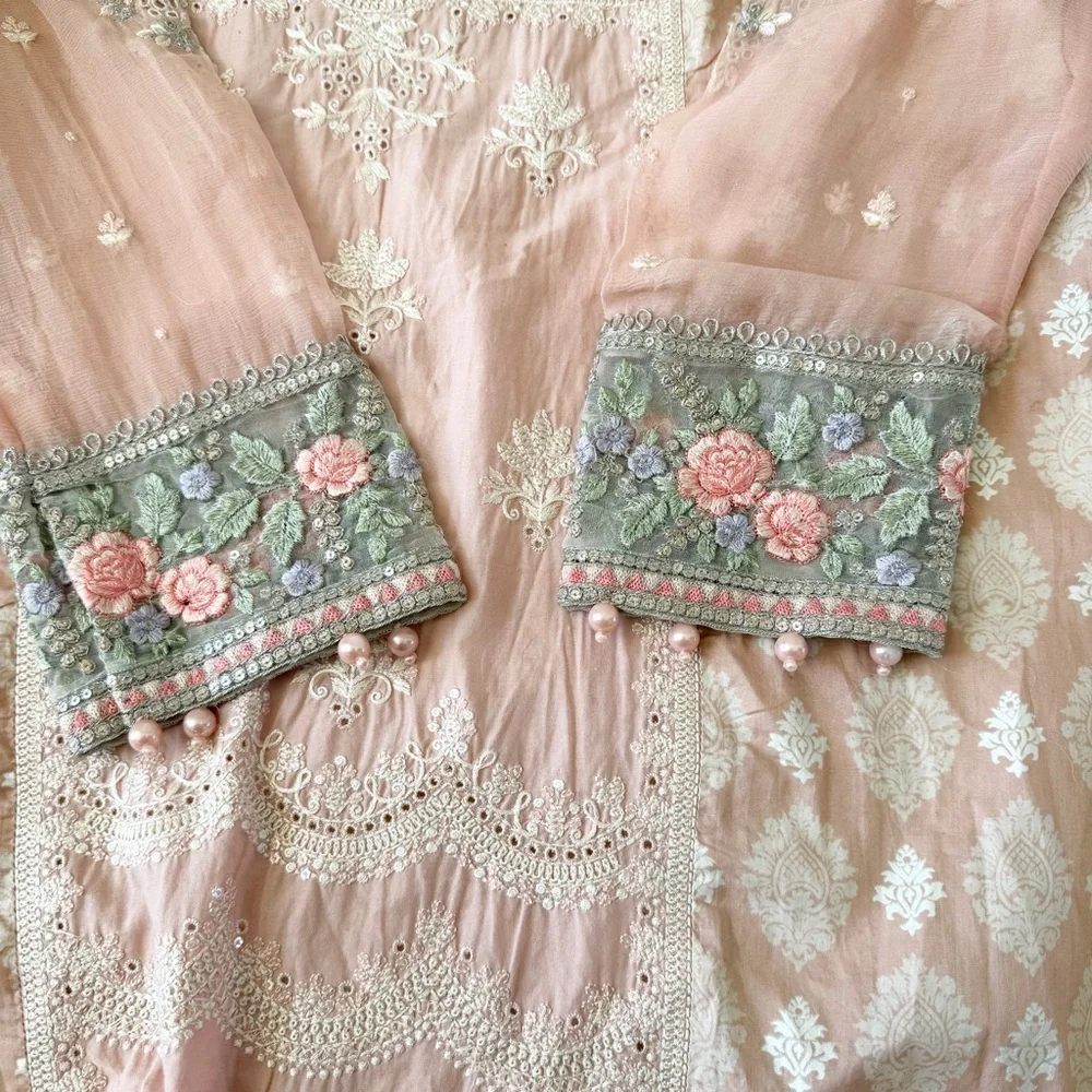 Maria.B Pakistanis Embroidered Beaded Dress Pink Peach Dress Size M - Picture 5 of 8